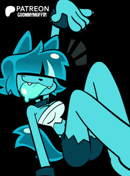 anthro blue_body blue_hair blue_tongue bottomwear bouncing_breasts bracelet breasts claws clothing crop_top female finger_claws hair hair_over_eyes jewelry medium_breasts midriff patreon_logo shirt shorts smile snaggle_teeth solo tail text tongue tongue_out topwear goommymuffin patreon goommy_(goommymuffin) domestic_cat felid feline felis ghost mammal spirit 2025 animated artist_name