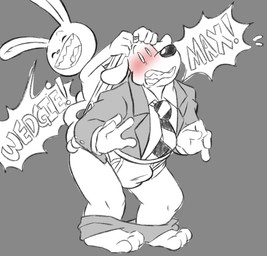 accessory anthro atomic_wedgie blush bottomwear bottomwear_down briefs bulge clothed clothing duo embarrassed larger_male male male/male necktie pants pants_down partially_clothed size_difference smaller_male speech_bubble text tighty_whities underwear wedgie wedgie_fetish white_briefs white_clothing white_underwear pretzelgremlin sam_and_max max_(sam_and_max) samuel_dog canid canine canis domestic_dog lagomorph leporid mammal rabbit absurd_res english_text hi_res