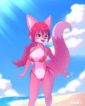 5_fingers anthro beach bikini biped breasts clothed clothed_anthro clothed_female clothing cloud day dipstick_tail female fingers fur green_eyes hair humanoid_hands long_hair long_tail looking_at_viewer markings navel open_mouth open_smile pink_body pink_fur pose prick_ears red_bikini red_clothing red_hair red_swimwear sand smile solo standing summer swimwear tail tail_markings two-piece_swimsuit water wide_hips duderedblue olivia_(duderedblue) canid canine fox mammal 2024 4:5 absurd_res artist_name colored digital_media_(artwork) hi_res portrait three-quarter_portrait