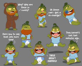 anthro blue_clothing blue_shirt blue_topwear blush bodily_fluids clean_diaper clothed clothing dialogue diaper diaper_under_clothing diaper_under_onesie embarrassed exposed_diaper genital_fluids grey_background happy jumping male object_in_mouth onesie pacifier pacifier_in_mouth peeing pull-ups_(diaper) shirt simple_background smile smirk solo suspenders text topwear unclean_diaper urine used_diaper wearing_diaper wet_diaper wetting baltnwolf dreamworks the_bad_guys mr._piranha_(the_bad_guys) aquatic characiform fish piranha_(fish) serrasalmid 2022 absurd_res english_text hi_res