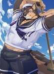 anthro broom brown_body brown_fur bulge cleaning_tool eyebrows fur jewelry male muscular muscular_anthro muscular_male necklace pecs sailor sailor_hat sailor_uniform smile solo thick_eyebrows 7575el lifewonders live_a_hero pubraseer canid canine canis domestic_dog mammal hi_res