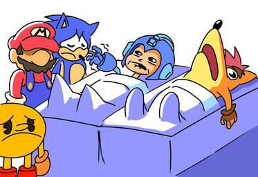 5_fingers anthro bed bed_sheet bedding biped black_nose blue_body blue_fur clothed clothing dying eyebrows facial_hair fingerless_gloves fingers fur furniture gloves group handwear hat headgear headwear humor looking_at_another lying machine male mustache on_back open_mouth orange_body orange_fur simple_background standing white_background yellow_body supabug121 activision bandai_namco capcom crash_bandicoot_(series) mario_bros mega_man_(series) nintendo pac-man_(series) sega sonic_the_hedgehog_(series) crash_bandicoot mario mega_man_(character) pac-man sonic_the_hedgehog bandicoot eulipotyphlan hedgehog human mammal marsupial pac-person robot 2025 crossover