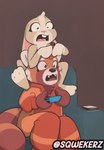 anthro console controller electronics female female/female fur furniture gaming onsie phone playing_video_game red_body red_fur sofa sqwek nintendo nintendo_switch ailurid bear giant_panda lagomorph leporid mammal rabbit red_panda