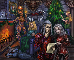 2_horns armchair armor axe bald bearskin_rug blood_on_axe brick_wall chair chimney christmas_tree clothed clothed_female clothed_human clothed_humanoid clothed_male clothing column container cup decorating dress empty_eyes eye_scar facial_markings facial_scar female fully_clothed fully_clothed_female fully_clothed_human fully_clothed_humanoid fully_clothed_male furniture goblet group hair head_markings holidays holly_(plant) horn humanoid_pointy_ears inside jewelry long_hair magic male markings melee_weapon necklace not_furry plant pointy_ears ponytail portrait_(object) scar sculpture sitting sparklers standing statue sweater sword tinsel topwear tree trophy_head wall_(structure) weapon white_eyes white_hair evivan christmas new_year_2020 sacred_(video_game) sacred_(video_game_series) thq_nordic daemon_(sacred) laurelinad maegalcarwen seraphim_(sacred) vampiress_(sacred) dark_elf demon elf human humanoid mammal wood_elf 2020 absurd_res hi_res