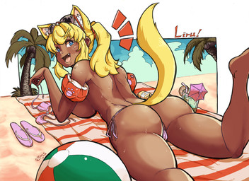 :d alternative_fashion ball beach beach_ball beverage big_breasts bikini bikini_thong blonde_hair blue_eyes bodily_fluids breasts butt clothed clothing cloud coconut drupe_(fruit) eyewear female food footwear fruit gyaru hair human_and_animal_ears inflatable j-fashion looking_at_viewer looking_back lying multi_ear on_front open_mouth outside palm_tree plant pool_float sand seaside shoes side_boob sky slippers smile solo sunbathing sunglasses sunscreen surprised sweat swimwear tan_body tan_skin topless towel tree tropical two-piece_swimsuit crois magical_pokaan liru_(magical_pokaan) animal_humanoid cat_humanoid felid felid_humanoid feline feline_humanoid humanoid mammal mammal_humanoid hi_res