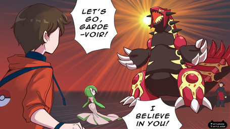 ambiguous_gender black_clothing black_text butt claws clothed clothing female finger_claws green_hair group hair open_mouth sharp_teeth size_difference teeth text tongue topwear wittlemoew nintendo pokemon gardevoir generation_3_pokemon human mammal pokemon_(species) 16:9 2026 english_text hi_res widescreen