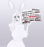 anthro big_breasts breasts clothed clothing female gesture hand_gesture long_ears looking_at_viewer mature_female pointing pointing_at_viewer solo text sunstripe mila_(sunstripe) deer mammal absurd_res hi_res meme monochrome