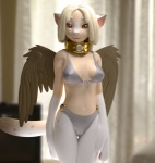 3d_(artwork) anthro ashnar bra breasts camel_toe clothed clothing digital_media_(artwork) feathered_wings feathers felid female hair looking_at_viewer mammal mythological_creature mythological_sphinx mythology nipple_outline opal_(ashnar) skimpy solo standing underwear wings