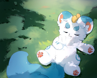 blue_body blue_fur feral fluffy fluffy_tail fur grass horn male multicolored_body multicolored_fur pawpads plant round_ears shadow sleeping solo tail two_tone_body two_tone_fur white_body white_fur young swankycat asian_mythology chinese_mythology east_asian_mythology fabulous_beasts fenz_(studio) mythology tianlu_(fabulous_beasts) canid canine mammal mythological_creature pixiu 5:4 hi_res