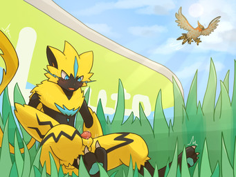 3_toes ambiguous_feral ambiguous_gender anthro balls bar_emanata beak being_watched biped black_beak black_body black_feathers black_fur black_tail blue_body blue_fur blue_whiskers blush blush_lines bodily_fluids caught_in_the_act caught_masturbating cheek_tuft claws cloud day dripping duo emanata erection facial_tuft fangs feathers feet feral flying fur genital_fluids genitals glans glistening glistening_genitalia glistening_glans glistening_penis grass grey_body grey_feathers hand_on_own_penis hand_on_penis humanoid_genitalia humanoid_penis light looking_at_another looking_at_genitalia looking_at_own_penis looking_at_penis looking_at_self male male_anthro male_focus masturbation motion_lines multicolored_body multicolored_feathers multicolored_fur nude nude_anthro nude_male on_grass open_mouth outside pawpads penile penile_masturbation penis pink_glans plant precum precum_drip public public_masturbation red_body red_feathers scuted_feet scutes sitting sky small_nose solo_focus spread_wings sunlight sweat tail tail_feathers talons teal_pawpads teeth toe_claws toes tuft whiskers white_nose wings yellow_balls yellow_body yellow_fur yellow_tail luto_tori nintendo pokemon pokemon_unite avian felid feline generation_6_pokemon generation_7_pokemon legendary_pokemon mammal pokemon_(species) talonflame zeraora 2022 4:3 absurd_res digital_media_(artwork) hi_res