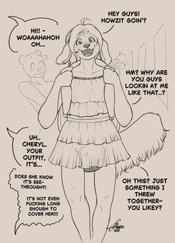 anthro backpack bottomwear clothed clothing dancewear diaper diaper_fetish diaper_peekage diaper_under_clothing gynomorph intersex petticoat profanity public public_exposure skirt solo text tutu wearing_diaper pampermousse canid canine canis domestic_dog mammal english_text hi_res