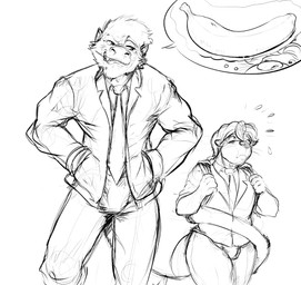 anthro banana blush blush_lines bodily_fluids bottomwear bulge clothed clothing duo food frown fruit fur grin hair long_tail looking_at_another male male/male necktie nervous pants plant sharp_teeth simple_background size_difference smile speech_bubble sweat sweatdrop tail teeth thought_bubble toothpick toothy_grin walking walking_together white_background pandottermon aperil ape haplorhine mammal monkey mustelid otter primate black_and_white monochrome sketch