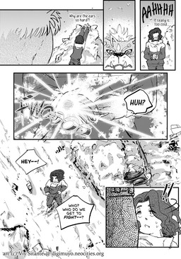 black_hair clothing dialogue duo evolution_(transformation) feral hair jacket male snow snowman text topwear transformation winter kensamiluv bandai_namco digimon digimon_beatbreak kyo_sawashiro cougarmon digimon_(species) human mammal comic english_text hi_res monochrome