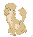 anthro biped breasts brown_body brown_fur brown_hair clothed clothing featureless_breasts female fur green_eyes hair looking_at_viewer open_mouth simple_background sitting solo topless 3trees canid canine canis domestic_dog mammal