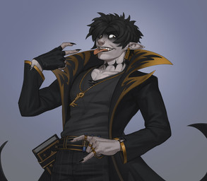 black_bottomwear black_clothing black_eyes black_hair black_markings black_topwear bottomwear clothed clothing front_view grey_body grey_skin hair humanoid_pointy_ears jewelry key looking_at_viewer male male_humanoid markings messy_hair necklace orange_pupils pointy_ears pupils short_hair simple_background solo standing tongue tongue_out topwear edvardiko humanoid absurd_res half-length_portrait hi_res portrait