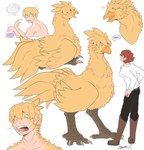 absurd_res annette_(tinypigdraws) avian beak beak_growth biped bipedal_feral blonde_hair boots cheek_tuft chest_tuft chocobo claws clothing duo facial_tuft feather_growth feathered_wings feathers female feral final_fantasy fluffy footwear green_eyes growth hair hi_res human human_to_feral larger_feral larger_male long_neck looking_at_another male mammal open_mouth open_smile pictographics red_hair scar scuted_legs scutes shirt shoes short_hair size_difference smaller_female smaller_human smile sparkles species_transformation speech_bubble square_enix tail tail_feathers tinypigdraws toe_claws tongue topwear transformation transformation_sequence tuft white_clothing white_shirt white_topwear william_(tinypigdraws) wings yellow_body yellow_feathers