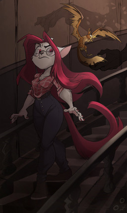 1_eye action_pose ambiguous_gender anthro beak bottomwear breasts clothing collared_shirt colored_nails denim denim_bottomwear denim_clothing detailed_background dress_shirt duo eyebrows eyewear feathers feet female footwear fur glasses hair head_tuft jeans long_hair long_sleeve_shirt long_tail nails pants pointy_ears pose raised_eyebrow red_body red_eyes red_fur red_hair shirt shoes stairs tail talons thick_thighs toes topwear tuft walking wearing_glasses white_body white_fur yellow_body yellow_feathers yellow_tail marcie_montis jack_brundwind mirime ambiguous_species 3:5 digital_drawing_(artwork) digital_media_(artwork) hi_res