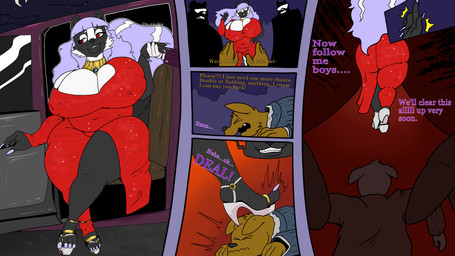 ambiguous_gender anthro big_breasts breasts clothing dialogue dress elizabeth_nightstar eyes_closed female footwear group hair high_heels huge_breasts male male/female multicolored_body overweight pink_hair red_clothing red_dress red_eyes shoes stomping text abeybubble canid canine mammal mephitid mustelid skunk 16:9 4k absurd_res comic english_text hi_res widescreen