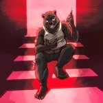 anthro bottomwear clothing male mange musclegut muscular pants red_eyes red_light shirt slightly_chubby smile solo sweatpants syringe tank_top topwear fruitz echo_(game) echo_(series) echo_project brian_dubois bear mammal 1:1 hi_res