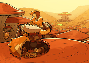 5_toes ahoge butt claws clothing feet female fungus giant_mushroom gloves hair handwear heel_pad hill hindpaw humanoid_feet kneeling landscape mushroom pawpads paws plantigrade plantigrade_pawpads pouch_(clothing) shield soles solo stirrup_footwear tail toe_claws toes ceehaz dog_knight_rpg maci_(ceehaz) canid canine canis domestic_dog mammal pomeranian spitz 2026 absurd_res hi_res