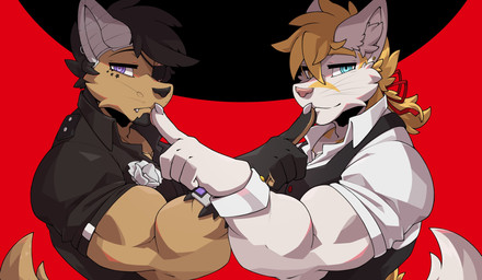 anthro brown_body brown_fur duo finger_to_mouth fur heterochromia male muscular piercing prosthetic_ear purple_eyes red_background simple_background white_body white_fur myiko furloid utau vocaloid yamaha_corporation cerif waltt domestic_cat felid feline felis mammal absurd_res hi_res