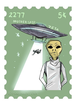 alien_abduction ambiguous_gender black_eyes clothed clothing flying_saucer green_body green_skin kidnapping metallic_clothing not_furry postage_stamp simple_background solo spacecraft standing star text vehicle usaofamericaa fallout microsoft alien humanoid zetan_(fallout) artist_name english_description english_text hi_res