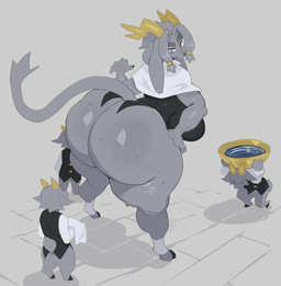 anthro antlers big_breasts big_butt blue_eyes breasts butt capelet clothing female fur glistening glistening_breasts grey_body grey_fur grey_hair group hair horn huge_breasts huge_butt male tail thick_thighs wide_hips nanokindred pseudoregalia butler_(pseudoregalia) sybil_(pseudoregalia) bovid caprine goat jackalope lagomorph leporid mammal rabbit 2026 absurd_res hi_res