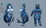 ankle_tuft anthro big_breasts blue_body blue_eyes blue_horn breasts female hair horn leg_tuft long_hair low_ponytail mature_female navel neck_tuft non-mammal_breasts non-mammal_hair non-mammal_navel overweight ponytail shark_tail solo tail tail_tuft text thick_arms tuft womb_tattoo lungho mythology haejin aquatic_dragon dragon fish marine mythological_creature mythological_scalie scalie shark 5:3 absurd_res english_text hi_res model_sheet