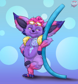 4_fingers 4_toes anthro balls black_penis blue_body blue_fur blue_markings eyewear feet fingers flaccid foreskin fur genitals goggles hair humanoid_genitalia humanoid_penis male markings penis pink_body pink_eyes pink_fur pink_hair pool_float purple_body purple_fur slightly_chubby solo tight_foreskin toes fennephilim_fox league_of_legends riot_games tencent mammal yordle hi_res