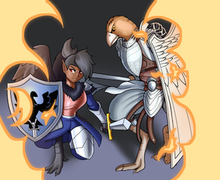anthro armor beak feathers female fire humanoid_face male weapon fourssss elden_ring elden_ring_nightreign european_mythology fromsoftware greek_mythology mythology guardian_(nightreign) avian bird falcon falconid harpy mythological_avian mythological_creature 2025 digital_drawing_(artwork) digital_media_(artwork) hi_res