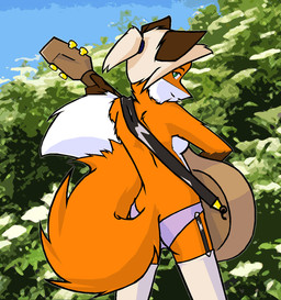 acoustic_guitar anthro clothed clothing female guitar hair legwear looking_at_viewer musical_instrument outside panties partially_clothed plant playing_guitar playing_music plucked_string_instrument ponytail shrub solo stockings string_instrument topless underwear starfighter canid canine fox mammal