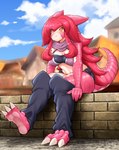 barefoot belt big_breasts bottomwear breasts claws cleavage clothed clothing cloud day detailed_background feet female fully_clothed hair hotpants leg_warmers legwear long_hair monster_girl_(genre) orange_eyes outside pink_body pink_scales red_hair scales shorts sitting sky solo tail village wall_(structure) amano_jack mythology animal_humanoid dragon dragon_humanoid humanoid mythological_creature mythological_scalie scalie 2020 full-length_portrait portrait