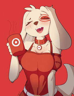 anthro belt blush breasts clothing collar container cup dress eyes_closed facial_markings female fur head_markings holding_container holding_cup holding_mug holding_object markings mug open_mouth open_smile red_background red_clothing red_dress simple_background smile solo tail white_belt white_body white_fur doylecoati target_corporation spot_(jayrnski) bird_dog canid canine canis domestic_dog hunting_dog mammal spaniel 2024 absurd_res hi_res signature