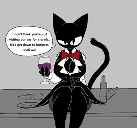 alcohol anthro beverage big_breasts black_body black_clothing black_fur black_shirt black_tail black_topwear bow_tie breasts cleavage clothed clothing collared_shirt container cup dialogue dress_shirt drinking_glass female fingers fur furniture glass glass_container glass_cup grey_background holding_glass holding_object legs_together mouthless on_table one_eye_half-closed plate red_bow_tie shirt simple_background sitting sitting_on_table solo table tail text topwear uniform white_clothing white_shirt white_topwear wine wine_bottle wine_glass sabgong vingo_(sabgong) domestic_cat felid feline felis mammal 2026 english_text