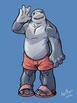 anthro blue_background bottomwear clothed clothing footwear front_view gesture grey_body looking_at_viewer male membrane_(anatomy) musclegut muscular muscular_anthro muscular_male pink_bottomwear pink_clothing pink_footwear pink_sandals pink_shorts sandals sharp_teeth shirtless shoes shorts simple_background slightly_chubby slightly_chubby_male smile solo teeth topless waving waving_at_viewer webbed_hands k-9 dc_comics harley_quinn_(series) king_shark fish marine shark 2021 hi_res signature