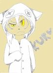 clothing fur hair hat headgear headwear male shirt simple_background solo tan_background tan_body tan_fur topwear white_hair yellow_eyes kuruitty domestic_cat felid feline felis mammal hi_res