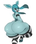 ambiguous_gender anthro armband big_butt black_sclera butt clothed clothing feet huge_butt looking_at_viewer looking_back looking_back_at_viewer open_mouth partially_clothed rear_view simple_background solo thick_thighs toeless_legwear toeless_stockings toes white_background haylapick nintendo pokemon eeveelution generation_4_pokemon glaceon pokemon_(species) absurd_res hi_res