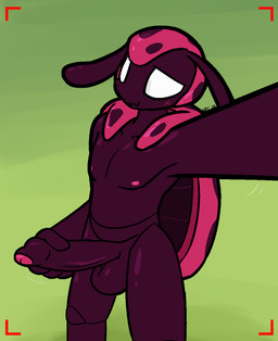 anthro balls big_balls big_penis blush erection exoskeleton foreskin genitals glans green_background holding_penis huge_penis humanoid_genitalia humanoid_penis looking_at_viewer male markings nipples penis pink_body pink_exoskeleton pink_glans pink_nipples purple_balls purple_body purple_exoskeleton purple_penis purple_spots simple_background smile solo spots spotted_body spotted_exoskeleton standing taking_picture taking_selfie white_eyes ultilix oliver_(farflord) arthropod beetle cucujoid insect ladybug 2026 hi_res