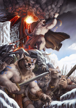 abs animal_skin anthro armor army belt biceps bodypaint bottomwear bravery cape chain chest_tuft clothed clothing corageous eruption facial_paint fight fighting_pose fur grey_body grey_fur group jewelry lava loincloth male manly melee_weapon mountain muscular necklace outside pecs polearm pose shield smoke snow spear strength sword tattoo topless tribal tuft volcano war warrior weapon alpha0 canid canine canis mammal wolf hi_res
