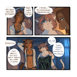 anthro blush blush_lines bra brown_hair closet clothed clothing curtains dialogue dress duo female female/female freckled_face freckles hair open_clothing open_shirt open_topwear orange_hair panties shirt slightly_chubby slightly_chubby_female smile soft_lighting speech_bubble text topwear underwear window saucypawpads pepper_(saucypawpads) whitney_(saucypawpads) calico_cat domestic_cat equid equine felid feline felis horse mammal 1:1 comic english_text