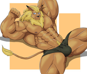abs anthro biceps blonde_hair blonde_mane blue_eyes bulge clothing hair male mane muscular muscular_anthro muscular_male muscular_thighs nipples pecs pubes solo tail tail_tuft tuft underwear wolfblack43 bandai_namco digimon digimon_(species) felid leomon lion mammal pantherine hi_res