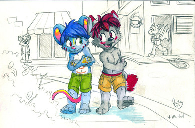 anthro blue_body blue_fur blue_hair bottomwear clothed clothing duo_focus front_view fur green_bottomwear green_clothing green_eyes green_shorts grey_body grey_fur group hair heterochromia logo male male_anthro mouth_closed open_mouth open_smile outside plant red_eyes red_hair red_tongue shorts shrub smile tongue topless walking white_body white_fur yellow_bottomwear yellow_clothing yellow_shorts pandapaco mythology chopper_atbong cyberblade_(character) parinton bear canid canine dragon giant_panda mammal mouse murid murine mythological_creature mythological_scalie rodent scalie 2016 artist_logo dated partially_colored signature