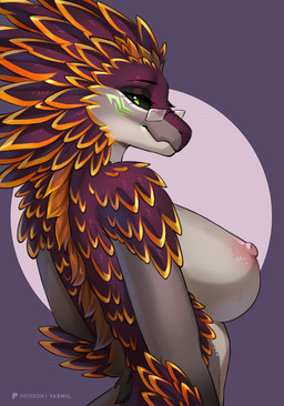 anthro black_sclera breasts eyewear eyewear_only feathers female glasses glasses_only green_eyes nipples non-mammal_breasts non-mammal_nipples nude nude_female pose rectangular_glasses side_view simple_background solo wearing_glasses yasmil umbralant dinosaur dromaeosaurid feathered_dinosaur feathered_scalie hybrid prehistoric_species reptile saurischian scalie theropod 2026 half-length_portrait hi_res pinup portrait