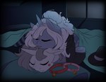 bed bed_sheet bedding collar cuddling duo eyes_closed female feral fur furniture hair hooves horn lying lying_on_another male on_bed on_front sleeping smile text hotcocopon hasbro my_little_pony mythology fan_character equid equine mammal mythological_creature mythological_equine unicorn absurd_res digital_media_(artwork) english_text hi_res