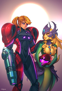 arm_cannon arm_fin armor crossover_ship crown duo faulds female fin gorget green_body green_skin head_fin headgear helmet hip_fins holding_armor holding_headgear holding_helmet holding_object jewelry machine necklace orange_eyes power_armor size_difference split_form yellow_body yellow_skin danderfull league_of_legends metroid metroid_prime_4 nintendo riot_games tencent nami_(lol) samus_aran aquatic human humanoid mammal merfolk scalie absurd_res crossover hi_res