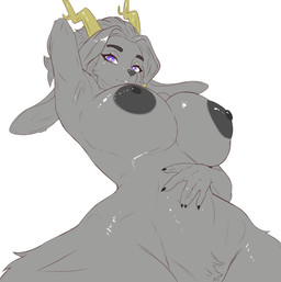 5_fingers anthro antlers armpit_fetish big_breasts breasts dark_nipples female fingers fur grey_body grey_fur grey_hair grey_nose hair hand_behind_head hand_on_belly horn long_ears looking_at_viewer nipples nude purple_eyes simple_background solo white_background ink2798 pseudoregalia sybil_(pseudoregalia) bovid caprine goat hybrid jackalope lagomorph leporid mammal rabbit absurd_res hi_res
