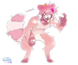 ambiguous_gender anthro big_tail candy candy_in_hair claws dessert food fur hair hair_over_eye lollipop nude_anthro pink_body pink_fur solo standing tail text scorci truffle_(dueggydoodle) canid canine mammal raccoon_dog 2025 english_text hi_res sketch