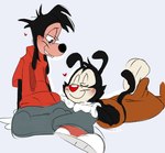 anthro blush blush_lines clothed clothing duo eyes_closed footwear gloves handwear happy heart_symbol looking_at_another looking_down love lying male male/male on_front on_model shoes simple_background sitting smile white_background azuredeville animaniacs animaniacs_(2020) disney goof_troop hulu warner_brothers max_goof yakko_warner canid canine canis domestic_dog inkblot mammal