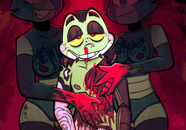 anthro bared_teeth blood blood_on_face blood_on_hand bodily_fluids breasts facial_piercing female female/female gore hivemind lip_piercing machine nipple_piercing nipples nude piercing snakebite_piercing teeth squeakygears chappie_(squeakygears) knives_(squeakygears) amphibian frog robot hi_res incest_(lore) sibling_(lore) twincest_(lore) twins_(lore)
