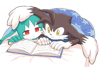 anthro bed black_body black_fur blue_clothing blue_shirt blue_topwear book clothing duo fur furniture green_body green_fur kemono male male/male on_bed reading reading_book red_eyes shirt simple_background topwear under_blanket white_background yellow_eyes young young_anthro young_male amber_graygamma bandai_namco klonoa_(series) king_of_sorrow klonoa 2023 hi_res